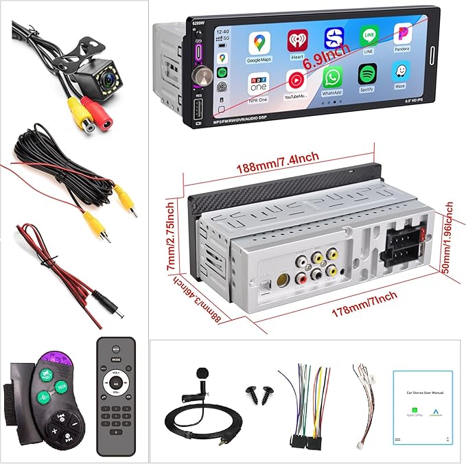 6.9" Single DIN Car Radio with Wireless Apple CarPlay, Car Bluetooth 5.2, AM FM Radio, IPS Touchscreen 1280x480, Backup Camera, Type-C Fast Charging, USB, 180W Subwoofer, Android Auto, GPS Navigation
