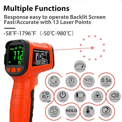-58°F to 1796°F Infrared Thermometer Gun,Professional 50:1 | Ideal for HVAC, Engines & Equipment Inspection • 13-Point Laser Guidance • Fast 0.5s Response