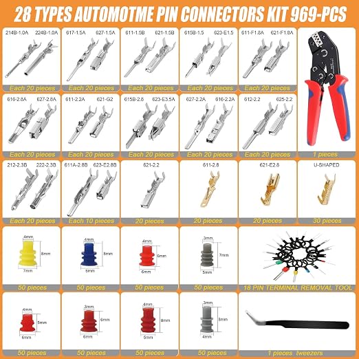 969Pcs Pin Connectors Kit 28 Types Car Electrical Wire Connectors Terminal Pins 1/1.5/1.8/2.2/2.3/2.8/3.5mm Male & Female Non Insulated Wire Terminal Pin Kit with Ratchet Crimping Tool