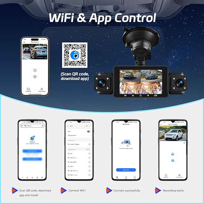 NHOPEEW 4 Channel Dash Cam, Front and Rear Inside Left Right, 3 inch IPS Screen Camera for Car Security 360, 5G WiFi & APP Control, 8 IR Night Vision, G-Sensor, Parking Mode, with 64GB TF Card