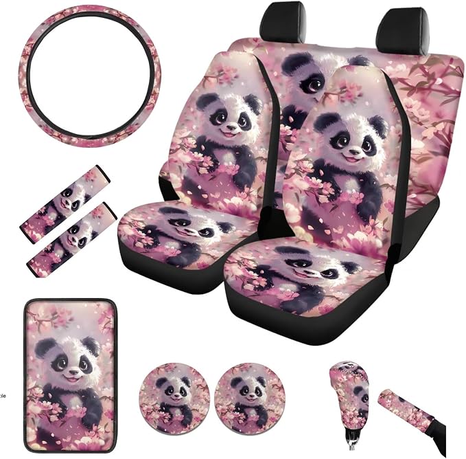 BIGCARJOB 12 Pack Cute Panda Print Car Seat Cover Set for Front and Rear Pink Auto Interior Accessories Full Set Lovely Panda Print Seat Belt Cover,Armrest Pads,Cup Holder Coaster