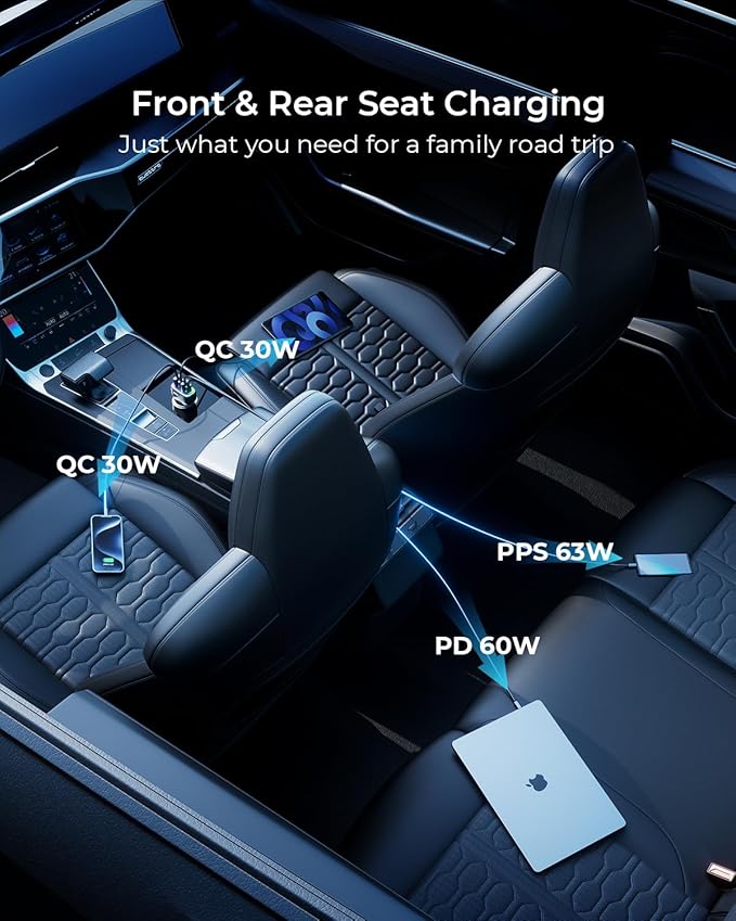 USB C Car Charger, 126W [Dual PD60W&QC30W] Cigarette Lighter USB Car Charger Adapter Fast Charging 4 Ports Car Phone Charger for iPhone 17/16/15/14/13, Samsung Galaxy S25/S24Google Pixel Laptop