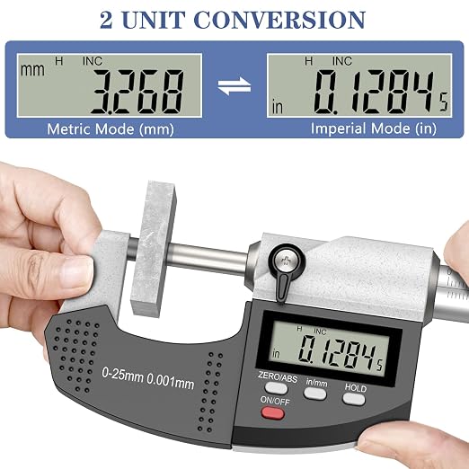 HDLKNAK Dual-Mode Micrometer, Digital Outside Micrometer Precision Measuring Tool, 0-1"/0-25 mm, Inch/Metric 0.00005"/0.001 mm, Machinist Thickness Gauge Tool, Large LCD Display with Protective Case.