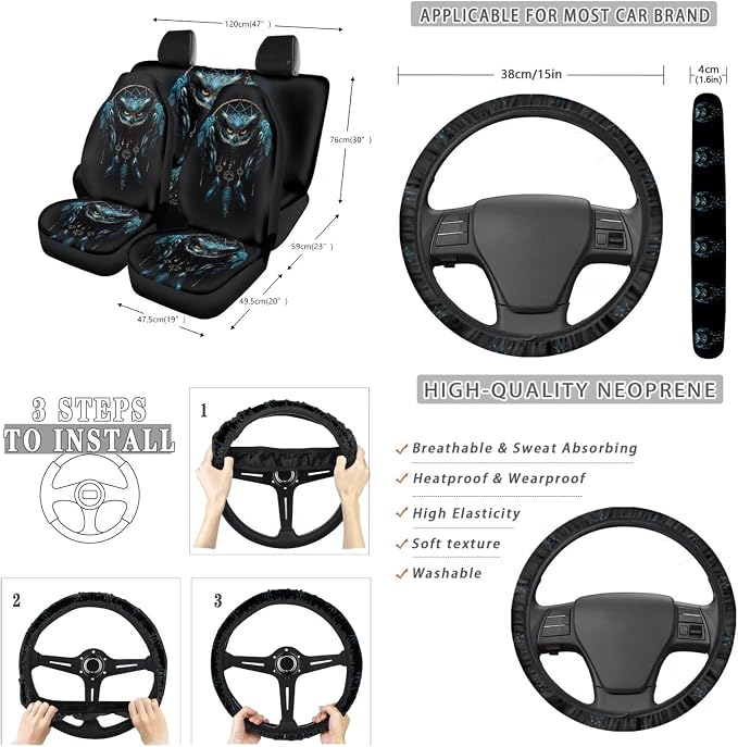 Suobstales Owl Dreamcatcher Print Car Seat Cover Interior Accessories Set of 13, Steering Wheel Covers, Car Trash Can, Seatbelt Cover, Coasters, Keychains, Rearview Mirror Cover for Truck SUV Sedan
