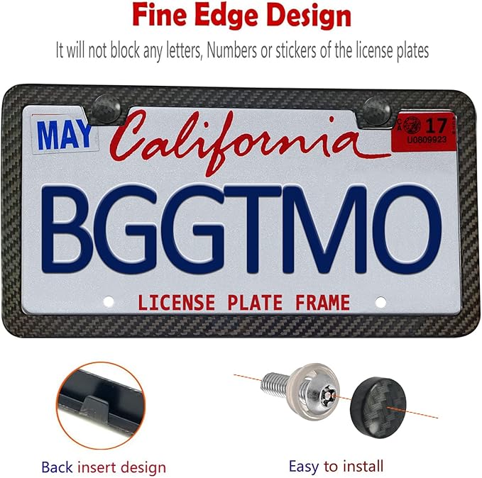BGGTMO License Plate Frame Carbon Fiber - Stainless Steel License Plate Frames Handmade Covering 100% Real Carbon Fiber | Stainless Steel Tamper Proof License Plate Screws | Slim Frame Qty 1