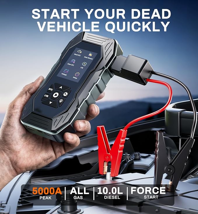 Jump Starter with OBD2 Scanner 5000A Peak, 12V Portable Car Battery Jumper Starter for All Gas and 10L Diesel Engines, Force Start 0V Dead Battery, Code Reader & Scan Diagnostic Tool with Jumper Cable