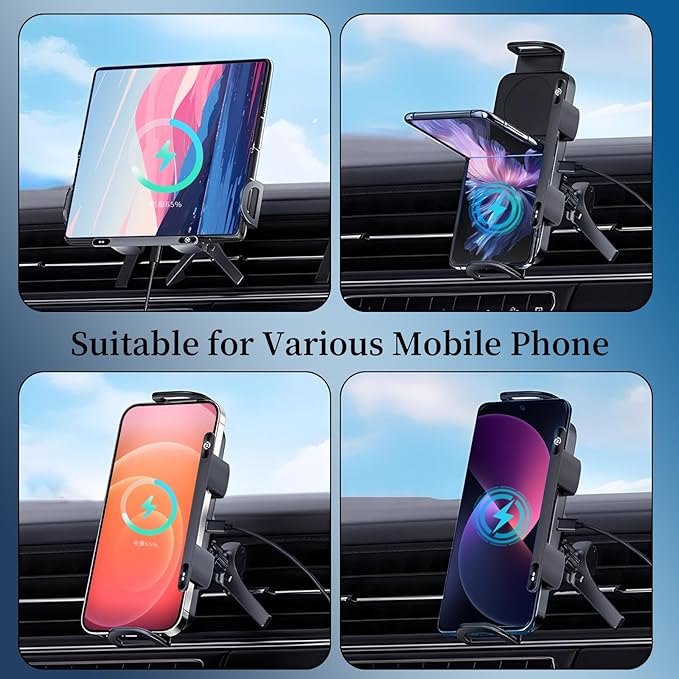 Wireless Car Charge, 2 in 1 Auto Rotating Car Phone Holder, 15 Watt Dual Coil Wireless Fast Charging Phone Mount for Samsung Galaxy Z Fold 7/6/5/4/3/2 and Small ipad and iPhone
