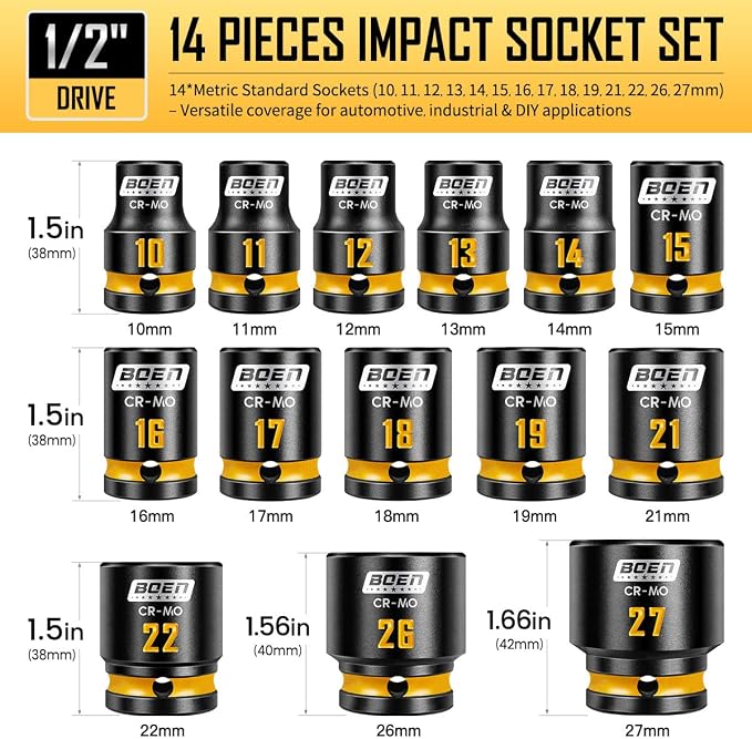 BOEN Pro 1/2" Drive Shallow Impact Socket Set, 14-Piece 6-Point Metric (10-19mm, 21, 22, 26, 27mm) Standard Socket Kit with Deep Embossed and Painted Marking, CR-MO, Includes Rugged PP Case