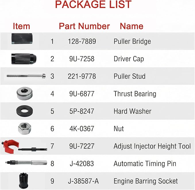 Injector Sleeve Remover Kit for CAT 3406E C15 C16, 9U-6891 Cup Puller, J-42083 Timing Pin, 9U-7227 Height Gauge, J-38587-A Barring Socket, Heavy Duty Engine Maintenance Tool Set (9-Piece)