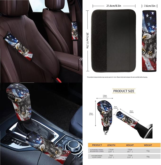 Eagle Print 14Pcs Car Interior Cover Set American Flag Print Car Front Rear Seat Covers Steering Wheel Cover Center Console Pad Safety Belt Pads for Men Women, Easy to Install