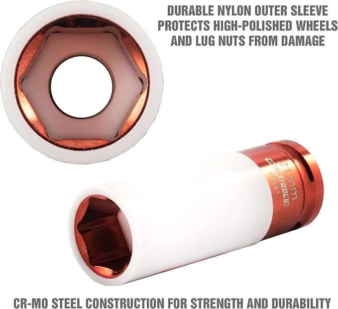 OEMTOOLS 25567 21MM Lug Nut Socket, 21 mm Socket 1/2 Drive for Wheel Service, Non-Marring Sleeve, Thin Wall, CR-MO Steel for Impact Tools, 400 Ft-Lb Max Torque