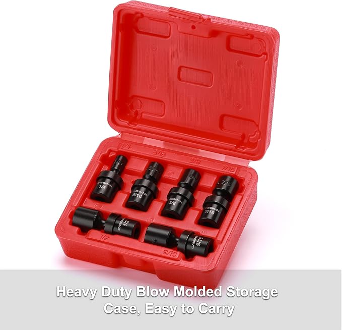CASOMAN 1/4-Inch Drive Shallow Universal Impact Socket Set, SAE, 6 Pieces Set, 1/4" to 9/16", 6-Point, Cr-Mo, Swivel Socket