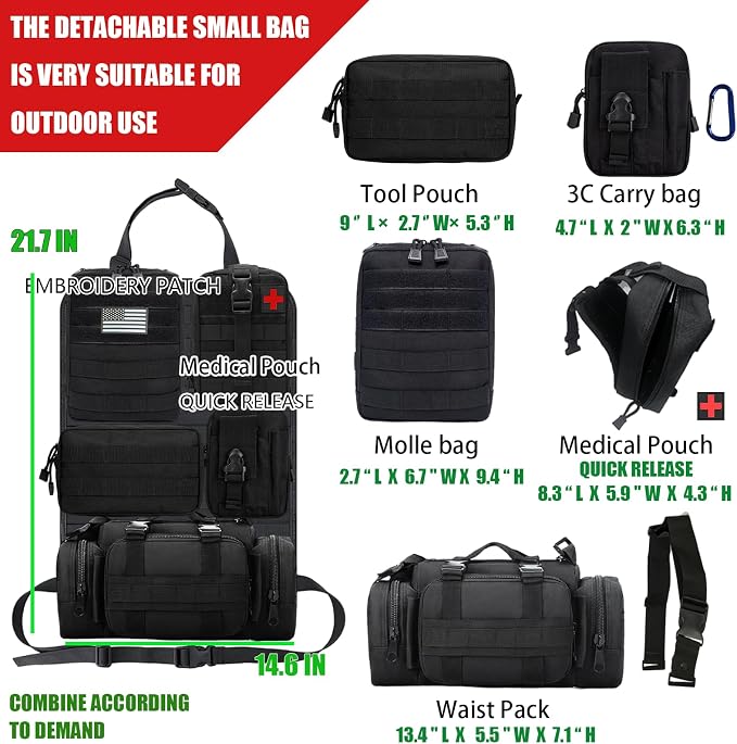 7 PACK Tactical Seat back organizer Truck organizer With 6 Detachable Pouches Universal For Car Truck Ford Jeep Military-Grade Heavier Panels With Multi-functional Packs (6 pack Black)