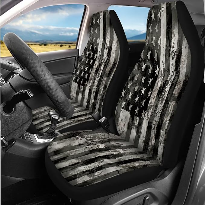 8 Pcs Retro American Flag Car Accessories Set, Car Seat Covers Full Set with Auto Steering Wheel Cover Center Console Pad Seat Belt Covers, Patriotic Decorations