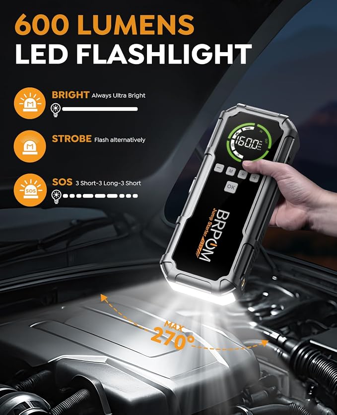 Jump Starter with Air Compressor, BRPOM 8000A Portable Car Jump Starter (All Petrol/12L Diesel), 160PSI 12V Battery Jump Starter Power Pack with Jump Clamps, LCD Screen, 600 Lumens Emergency Light