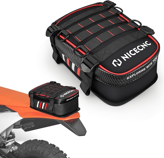 NICECNC Fender Bag with Tool Roll-500D PVC Waterproof Off-Road Storage Bag | Compatible with Motocross Enduro Accessories, Reflective Design Motorcycle Dirt Bike,Red