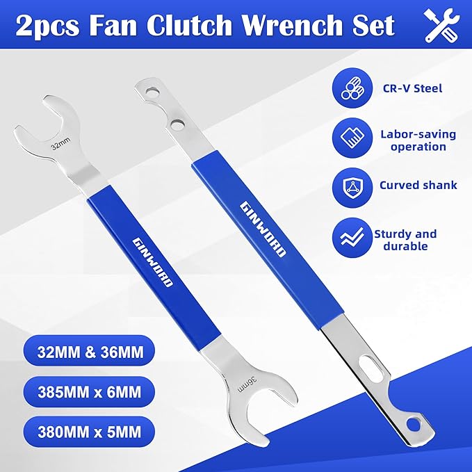 2Pcs Fan Clutch Wrench Set, 32mm & 36mm Wrenches,Water Pump Pulley Holder for Ford,BMW,GM,Chevrolet,Blue