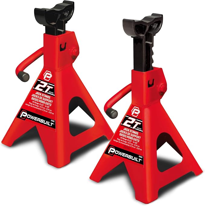 Powerbuilt 2 Ton Ratchet Jack Stand Pair, 4000 Pound 2-Piece Heavy Duty Steel Stands, Wide Angle Stability, Adjustable Height - Red 640399