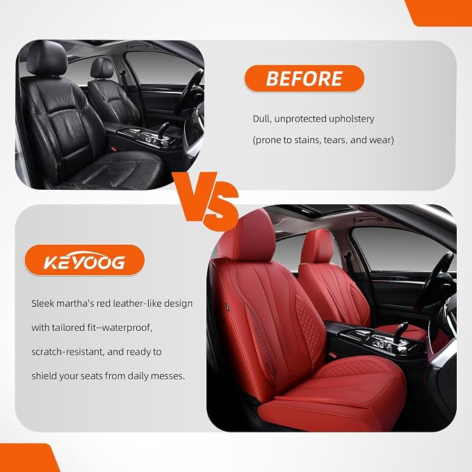 2-Seater Car Seat Covers Full Set, Fit for Front Seats of Cars, Waterproof and Breathable Nappa Leather, Compatible with Airbags, Car Seat Protector Covers for Most Cars - Wine red