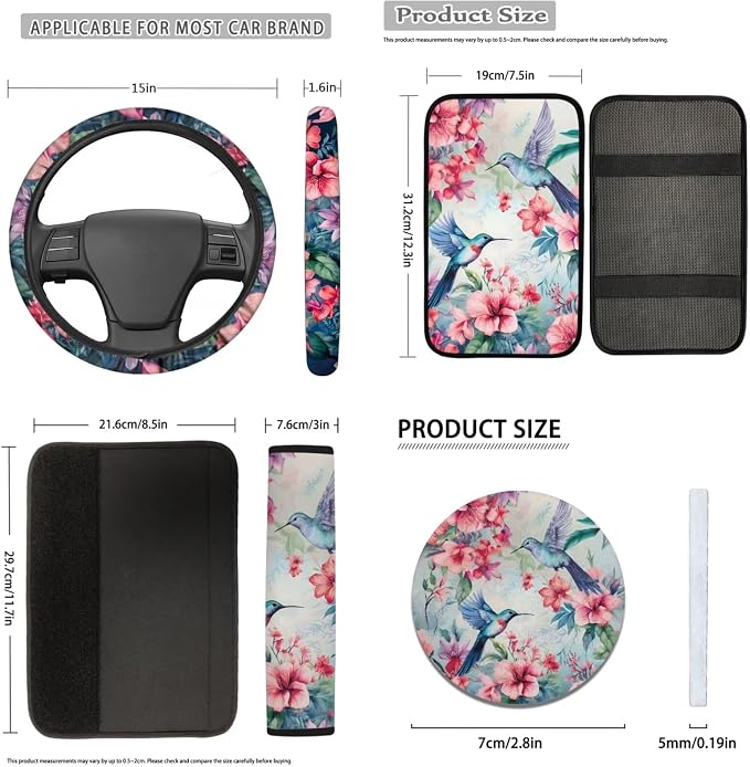 Cherry Blossom Hummingbirds Car Seat Covers 12Pcs Auto Front Rear Seat Protection Accessories Full Set with Universal Fit Steering Wheel Covers Seatbelt Pad Keychain Cup Mat Armrest Pads