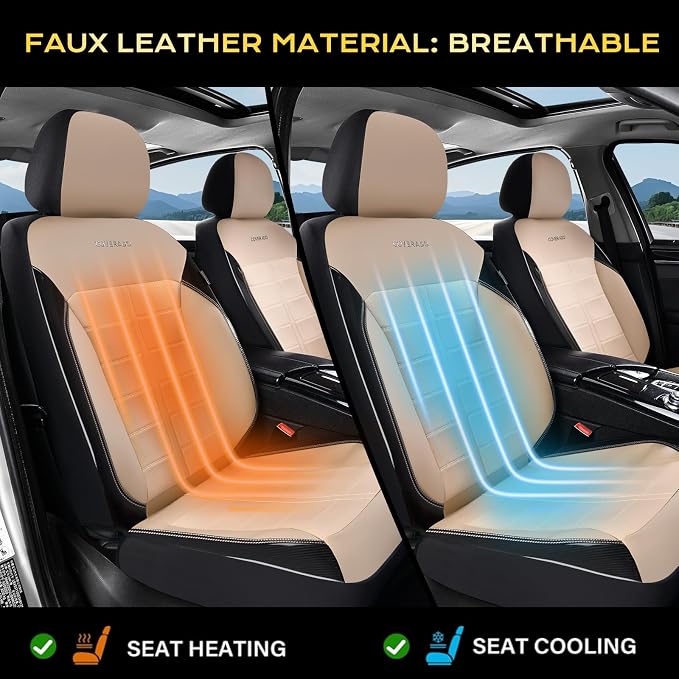 Coverado Full Set Leather Car Seat Covers, Crafted with Full Leather Construction and Carbon Fibre Weave Universal Fit for Most Cars SUV Trucks(Beige