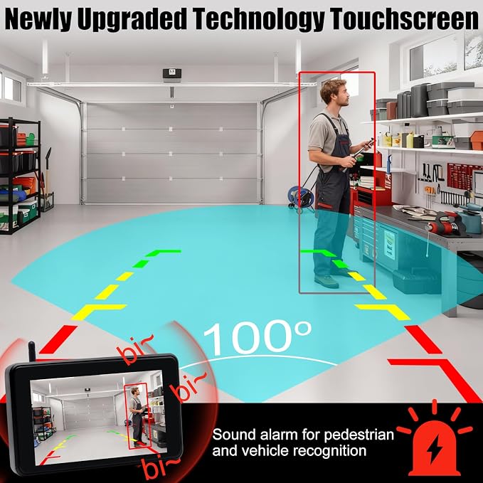 Magnetic Solar Wireless Backup Camera with AI Detection Alert, 5” 1080P HD 4-Split Monitor, 9600mAh Battery, IP67 Clear Night Vision, Video Recording Rear View Camera for Truck RV Trailer 5th Wheels