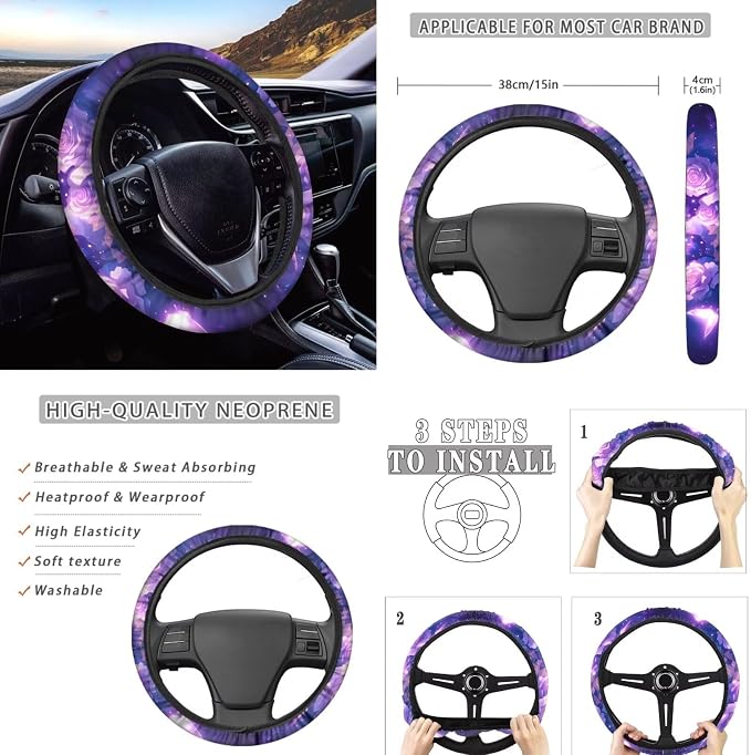8 Pcs Purple Butterfly Rose Design Car Interior Accessories for Women, Car Seat Covers with Auto Steering Wheel Cover, Auto Center Console Pad, Seat Belt Covers, Automotive Decorations