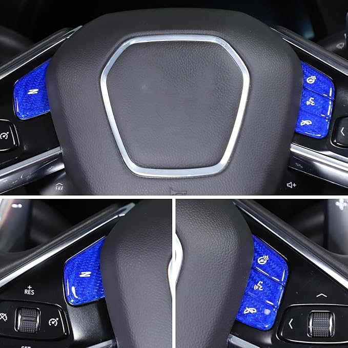 Fit for Corvette C8 2020-2024 Hard Carbon Fiber Central Control Steering Voice Button Sticker with Heated Button Protection Frame Molding Sticker Trim Interior Decal C8 Accessories (Blue)
