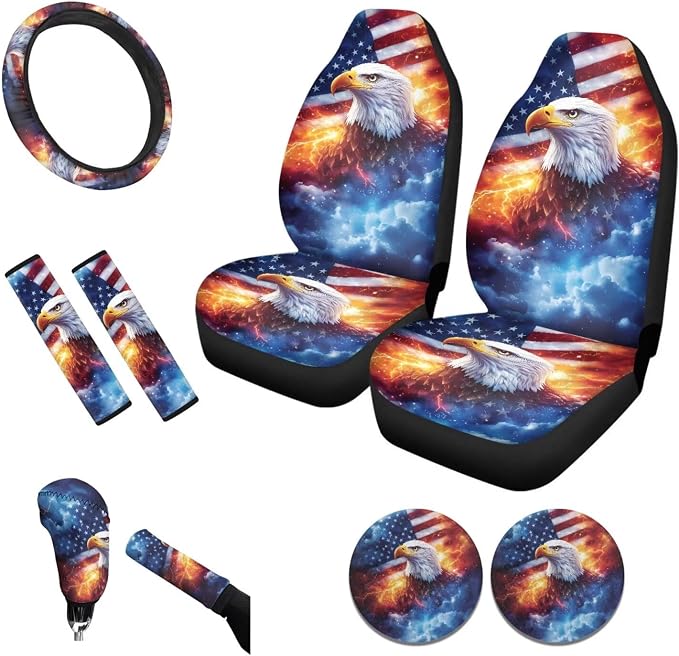 Tupalatus 9 Pcs American Flag Eagle Car Seat Covers Full Set Stretchable Steering Wheel Cover Seat Belt Pads Cover Coasters Gear Shift Hoodie Handbrake Cover Automotive Decor Accessories