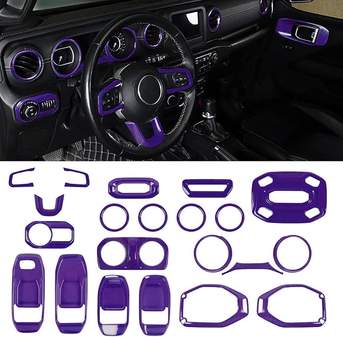 CheroCar 21PCS Full Set Interior Decoration Trim Kit for 2018-2026 Jeep Wrangler JL JLU & Gladiator JT Steering Button Frame, Air Conditioning Vent, Reading Light,Speaker (Purple)
