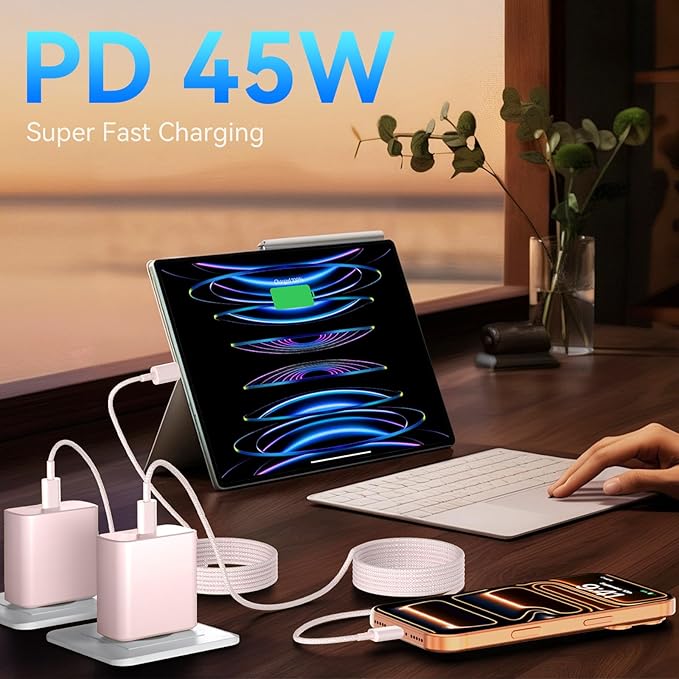 Phone 17 16 Pro Max Charger Fast Charging, 45W Super Fast USB C Charger Block with 10FT Nylon Braided Charging Cable for 17 16 Pro Max/17 16 Pro/16 Plus,15 Pro Max/15 Pro/15/Air, Android Phone-Pink