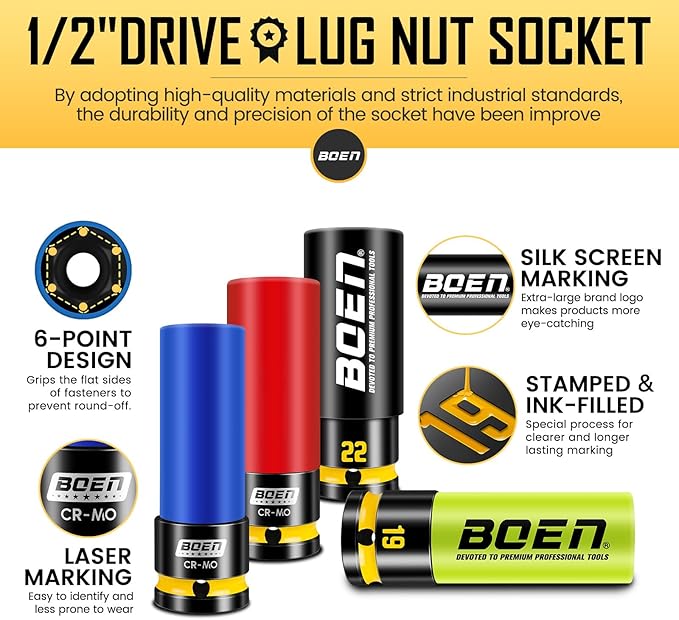 BOEN 8P Impact Socket Adapter & Reducer Set and 4P 1/2" Drive Impact Lug Nut Socket Set, Color-Coded and Embossed and Painted Marking, CR-MO Steel