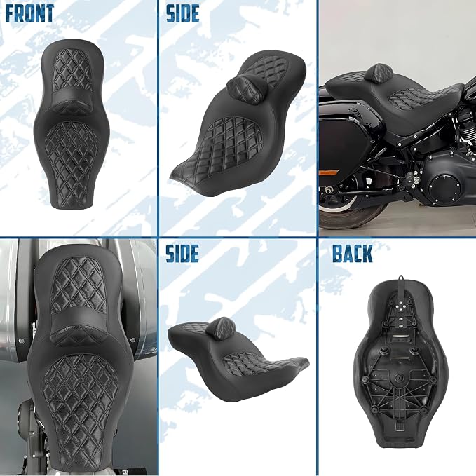 One-Piece Driver Passenger Seat Motorcycle 2-Up Seat with Driver Backrest Cushion Pad Compatible with Harley Softail Sport Glide FLSB Low Rider FXLR FXLRS FXLRST 2018-Later (Black Diamond Stitching)