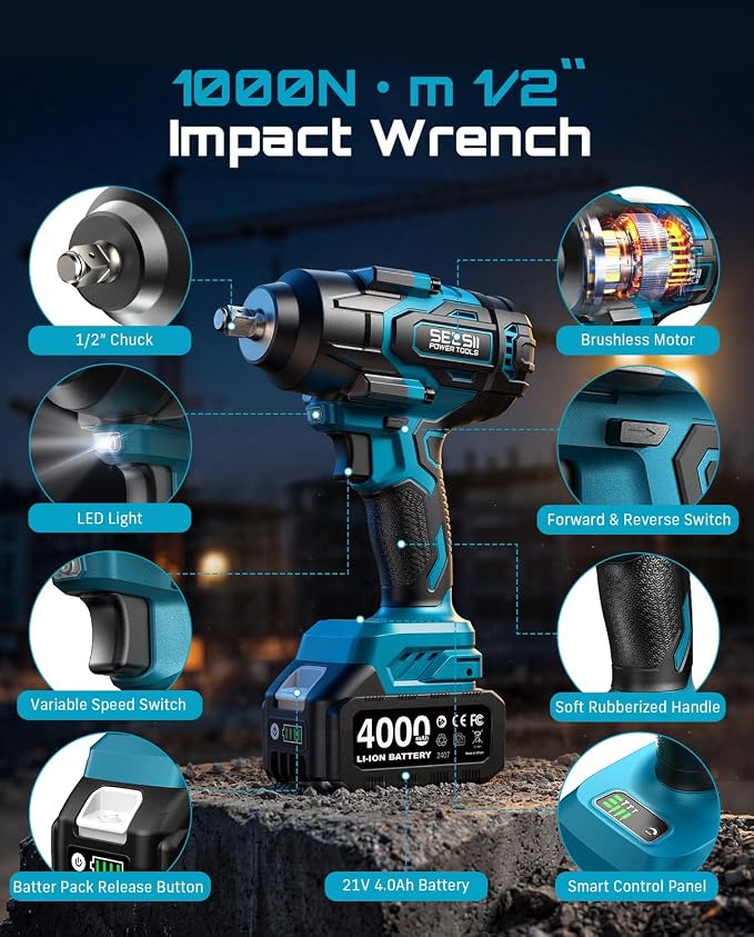 Seesii Impact Wrench & 46pcs Socket Wrench Set, 1000N.m (738 Ft-Lbs) Cordless Impact Driver, 1/2" Impact Gun With 21v 2x4.0Ah Battery, Auto/Motorcycle Tool Kit, Wh10 Ultra
