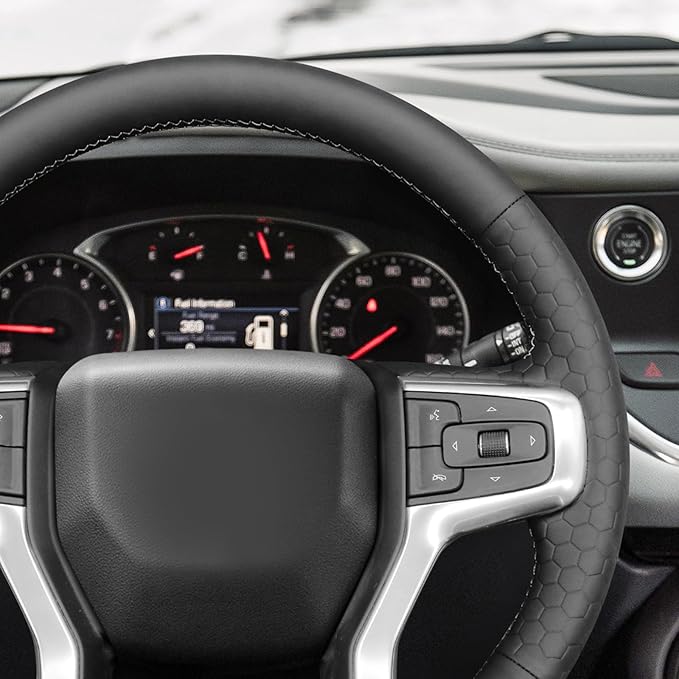 MEWANT DIY Black Solid Embossed Artificial Leather Steering Wheel Cover for Chevy Silverado 1500 Blazer Suburban Tahoe
