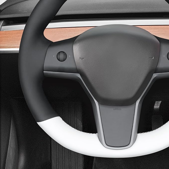 MEWANT Hand Stitch Steering Wheel Cover for Tesla Model Y 2023 Tesla Model 3 2020 Black White Faux Leather Steering Wrap