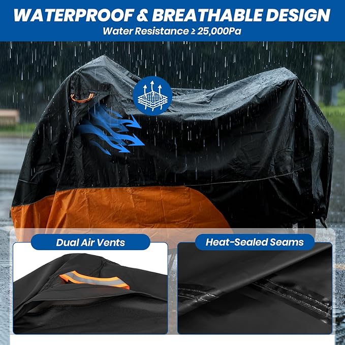 Favoto Motorcycle Cover Waterproof Outdoor - Fits up to 96.5" Motorbikes 420D Oxford Heavy Duty All Weather Sun Rain Dust Protection with Air Vents Powersports Vehicle Covers XXL