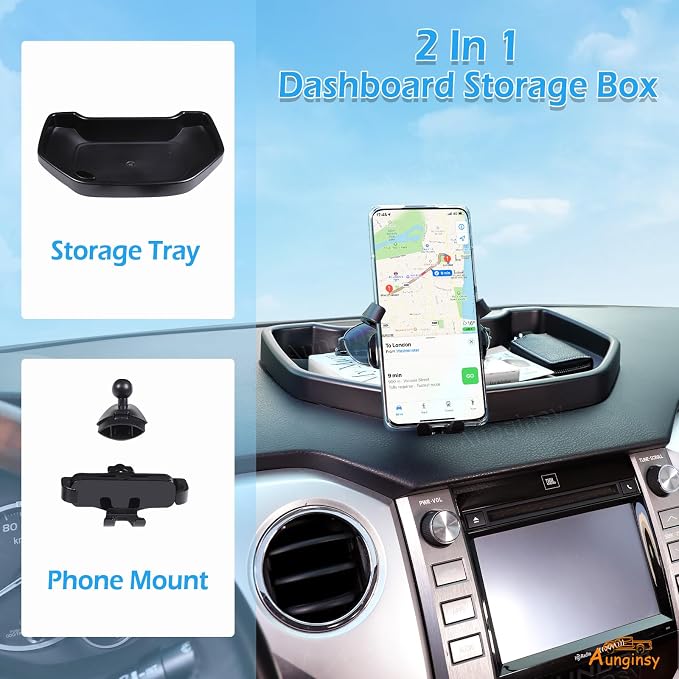 Aunginsy Center Console Dashboard Storage Tray with Phone Mount Compatible with Toyota Tundra 2007-2021, Instrument Multi-Functional Mobile Phone Holder Storage Box Organizer Tray Insert Accessories