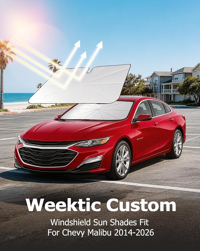 Weektic Custom Windshield Sun Shade Umbrella for Chevy Malibu 2014-2026, [Double Thickened Ice Crystal Coating] Sun & Heat Protection, Keep Vehicle Cool & Protect Interior