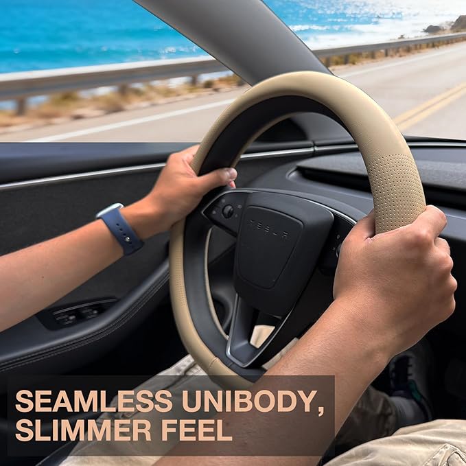 PINCTROT Nappa Leather Steering Wheel Cover for Tesla Model Y/3 Highland/Juniper, D Shaped 14 Inch Small Sized with Breathable Perforation, Fit Like Gloves, Flat Bottom 14 Inch(Nappa Light Taupe)