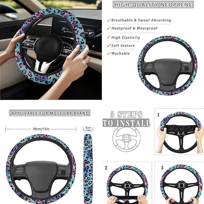 Colorful Leopard Car Seat Covers Full Set 15 Pcs Universal Car Accessories Steering Wheel Cover Seat Belt Pads Garbage Bag Car Headrest Pillow Covers Armrest Pad