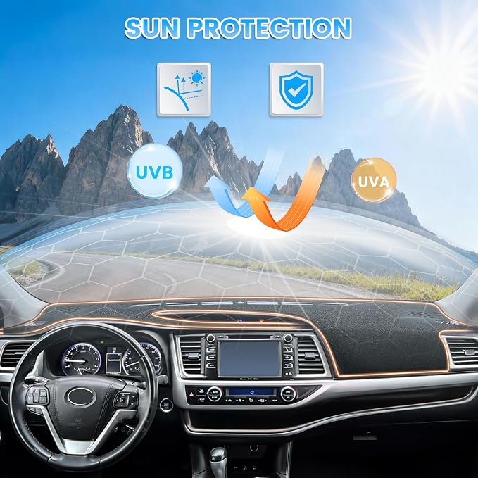 KUST Black Dash Cover Compatible with Toyota Highlander 2014-2019 Dashboard Cover Accessories for Highlander Non-Slip Polyester Dashboard Mat Custom Fit Center Console Sunshield Protector No Glare