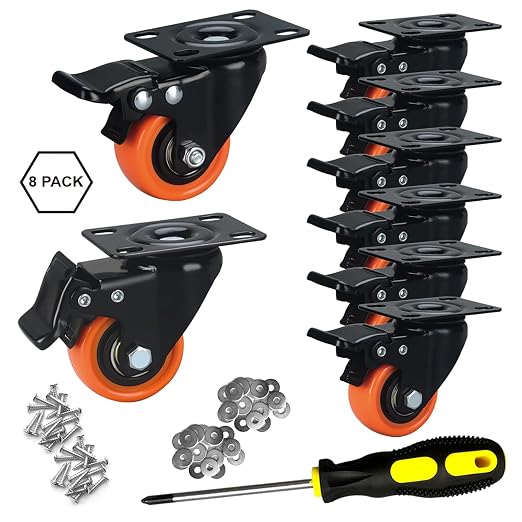 2" Caster Wheels Set of 8, Heavy Duty with Brake | No Noise, Locking, Polyurethane (PU) Wheels, Swivel Plate, Orange, Pack of 8