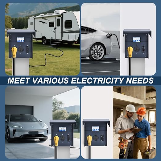 RV Electrical Panel with Breaker, Temporary Power RV Outlet Box, UL 50 30 20Amp Receptacles, Outdoor Weatherproof Metal Enclosure, Easy Setup for Campers, Travel Trailers, Mobile Homes (Blue)
