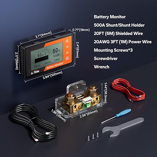 LiTime 500A Battery Monitor with Shunt, M8 Terminals, 8V-120V Battery Shunt for RV, Off Grid, Golf Carts, Solar System, Buzzer Alarm, Compatible with 12V 24V LiFePO4, Lithium, Gel, AGM Batteries