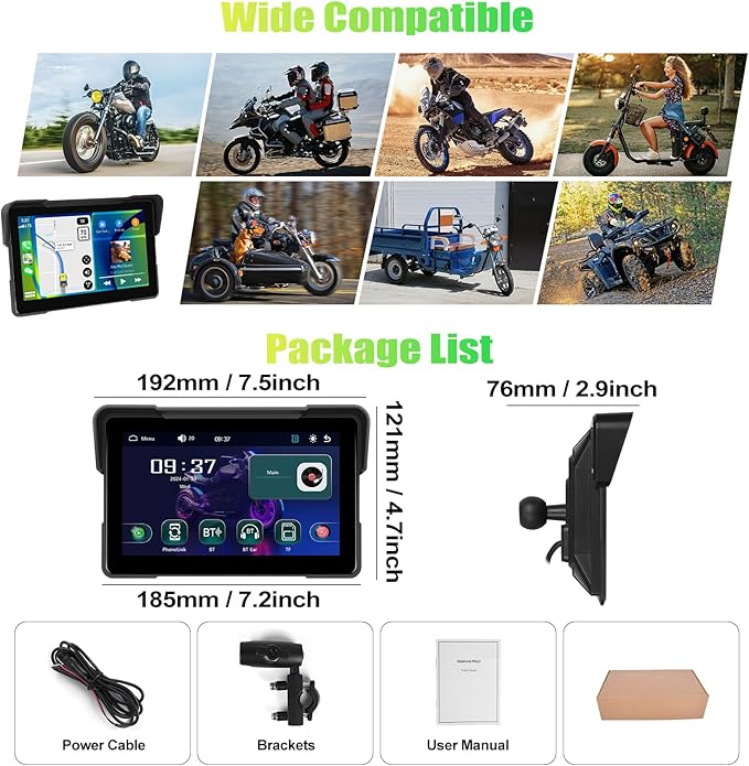 CAMECHO Motorcycle CarPlay Screen, 7" Waterproof Portable Wireless Apple Carplay Android Auto for Motorbike, Touchscreen Car Stereo Support Dual Bluetooth, Mirror Link, EQ, Voice Control