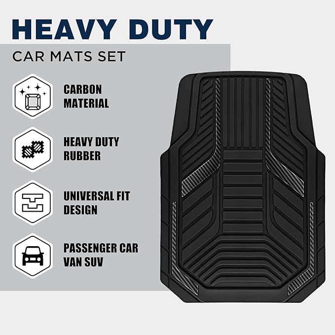 PIC AUTO Heavy Duty Rubber Floor Mats, Black Aluminum Film Car Mats Set, Front and Rear Car Mats with Anti-Slip Backing, All Weather Protection, Trim-to-Fit for Automotive SUV, Sedan, Van