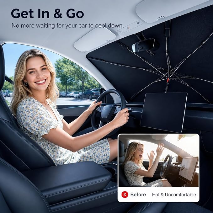 2026 Upgraded DooGooCoo Windshield Sun Shade Umbrella for Car, Reinforced Frame, UV Block Heat Shield, Keeps Interior Cooler, Foldable Front Windshield Cover, Large (61"x35")