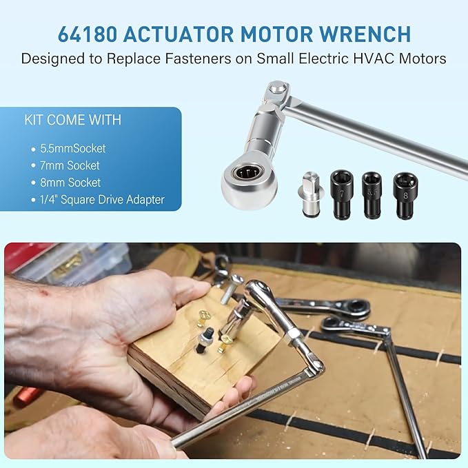Yoursme 64180 Actuator Motor Wrench Kit Come with 5.5mm 7mm 8mm Sockets and 1/4" Square Drive Adapter, Replace Fasteners on Small Electric HVAC Motors