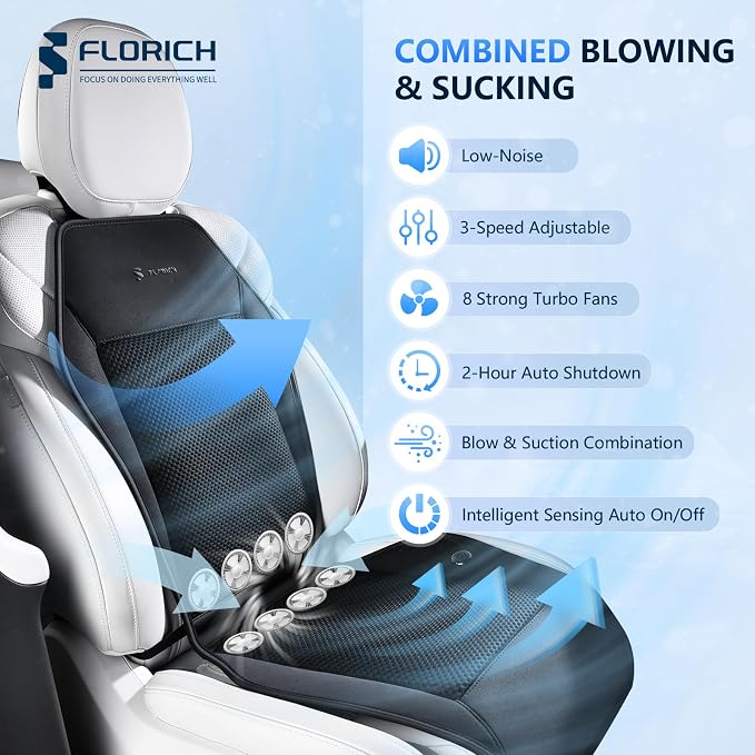 Cooling Seat Covers with 8 Powerful Turbo Fans, Ventilated Car Seat Cushion 3-Speed Adjustable, Breathable Summer Cooling Pad for Car SUV Truck Van, Universal 12V-24V Fit for Driver & Passenger Seats